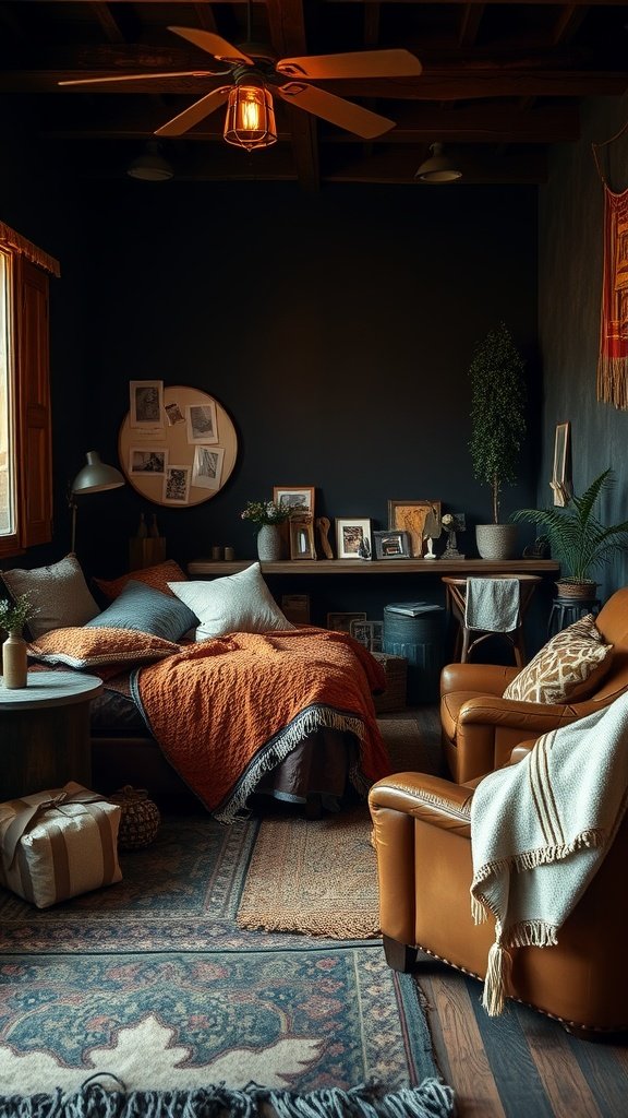 Cozy dark boho bedroom with distressed leather armchair, textured bedding, and warm lighting.
