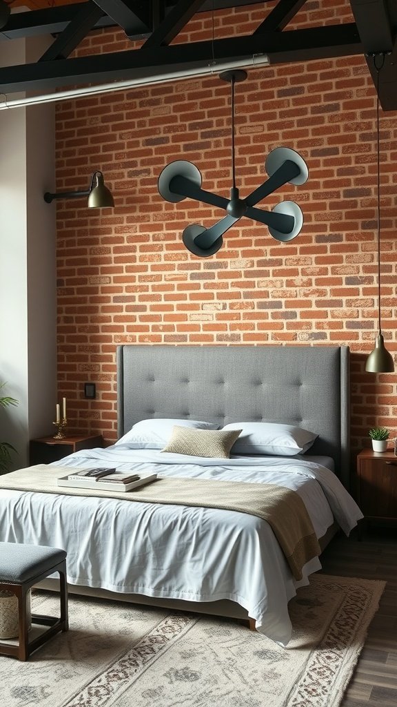 Modern industrial bedroom featuring a gray upholstered headboard against a brick wall with stylish decor.