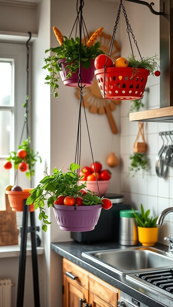 Colorful hanging baskets filled with fruits and vegetables in a small kitchen.