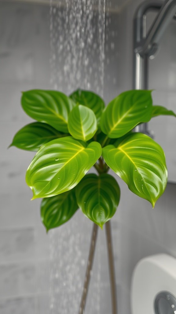 Heartleaf Philodendron plant in a shower with water droplets on leaves