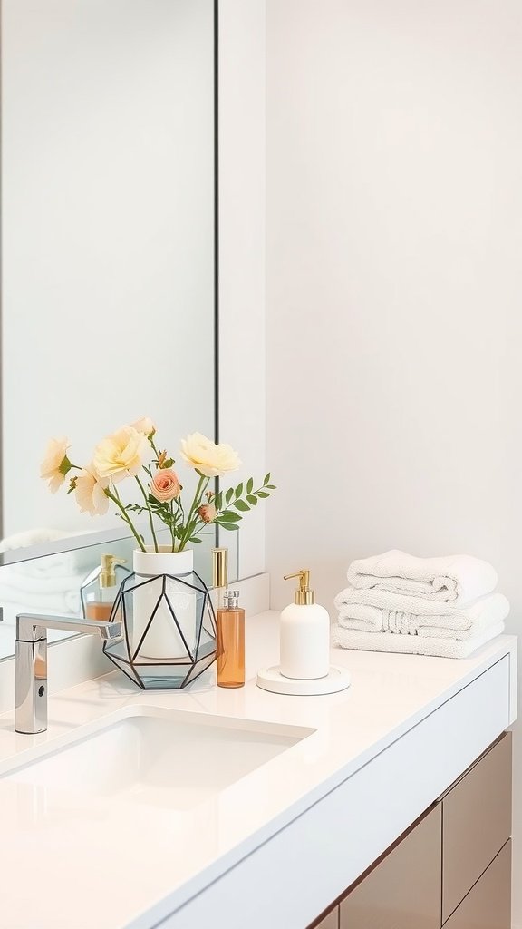 Modern chic bathroom countertop with flowers, beauty products, and towels