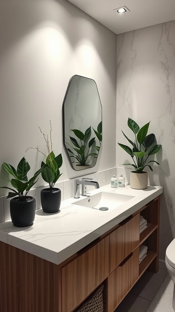 Modern bathroom countertop with plants, a sink, and a mirror