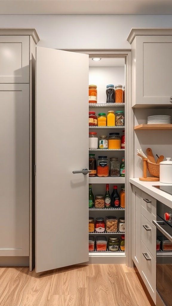 A pantry door that seamlessly extends into kitchen cabinets, showcasing neatly organized shelves with various jars and bottles.
