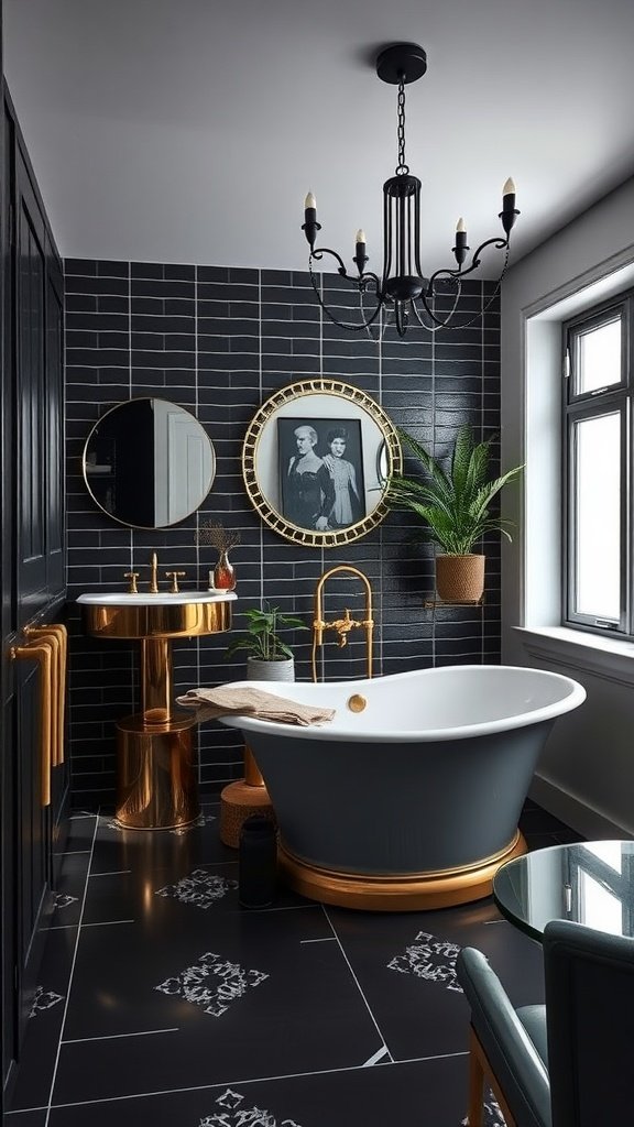 A chic bathroom featuring black tiled walls, gold fixtures, and a decorative art piece.