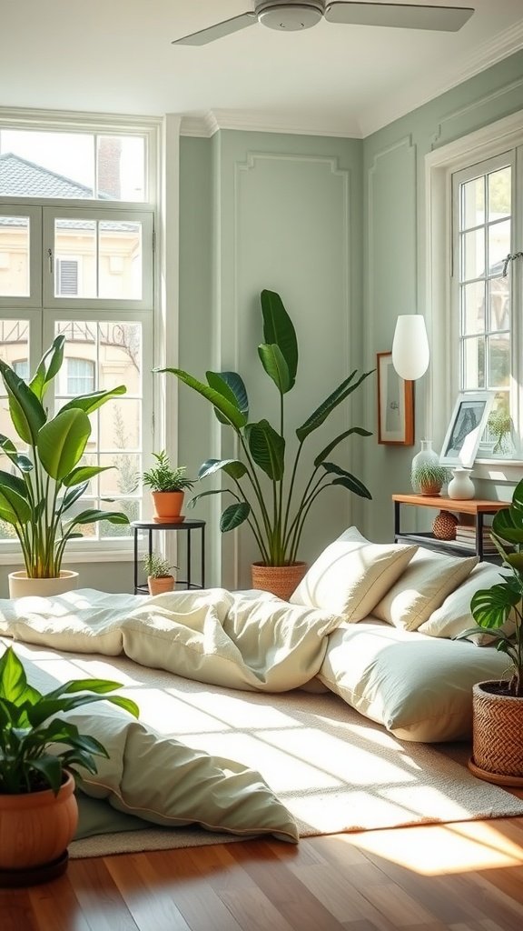 A cozy sage green bedroom filled with plants, featuring soft cushions on the floor and bright sunlight streaming in through large windows.