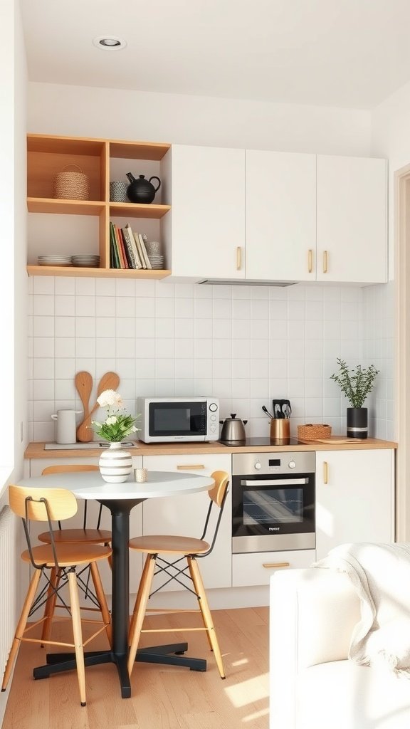 A bright and modern small studio kitchen featuring white cabinets, wooden accents, and a small dining table.