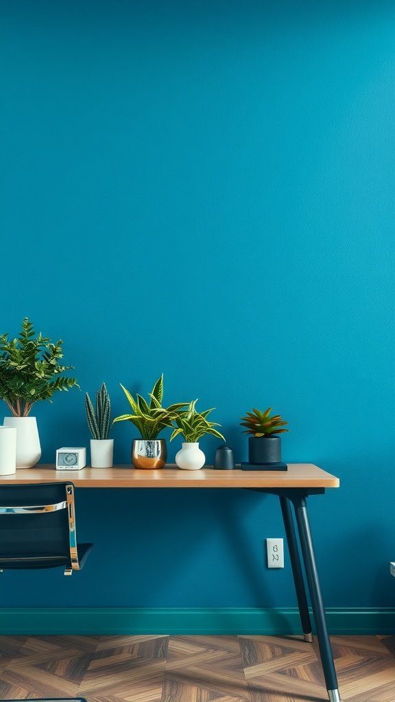A vibrant blue textured wall in an office space with a wooden desk and several potted plants.