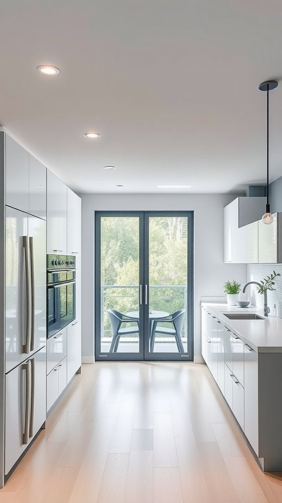 A modern kitchen featuring sliding doors that open to a balcony, showcasing sleek cabinetry and a tidy layout.