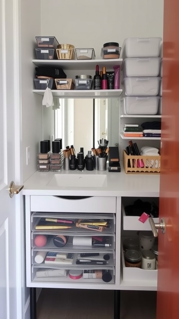 Organized makeup storage in a small bathroom with shelves and drawers