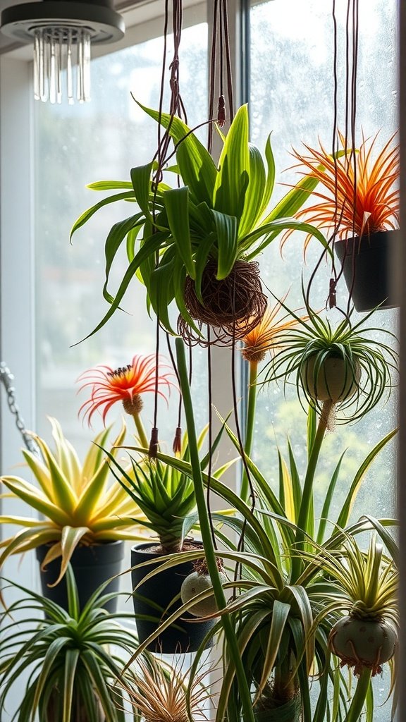 A collection of air plants in various shapes and colors hanging in a well-lit space.