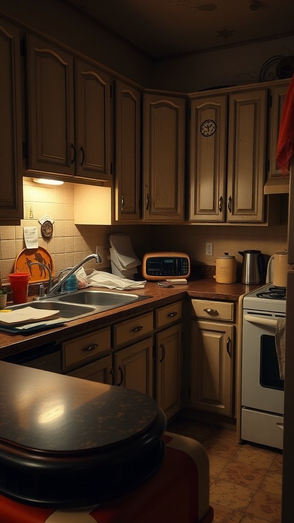 Before image of an outdated kitchen with granite countertops and old cabinets.