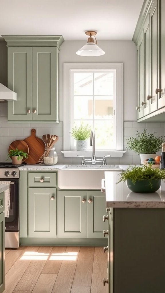 A cozy kitchen featuring sage green cabinets painted in Benjamin Moore October Mist, with a farmhouse sink and natural wood accents.
