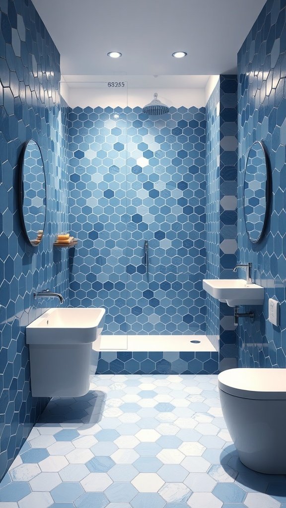Bathroom featuring blue gradient hexagonal tiles, modern fixtures, and mirrors