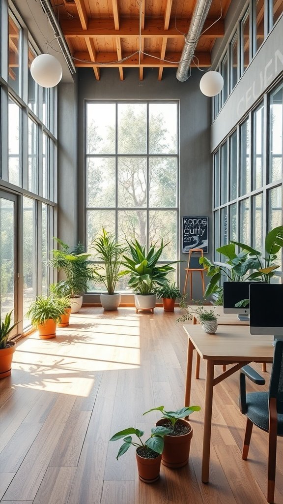 A modern office space filled with plants and natural light, featuring large windows and wooden flooring.