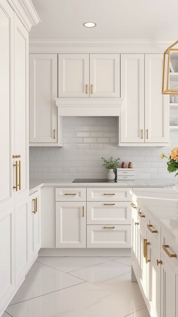 A bright, modern kitchen with white cabinets and gold hardware, showcasing a clean and elegant design.