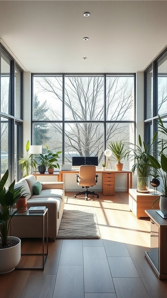 Bright and spacious contemporary home office with large windows, desk, and plants.