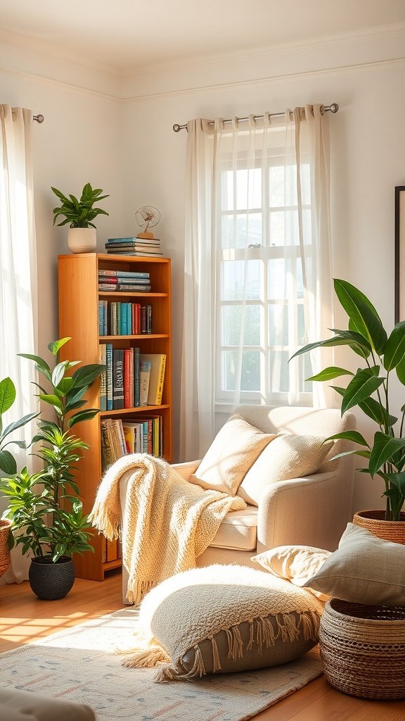 Cozy nook with a chair, blanket, bookshelf, and plants in a sunlit room