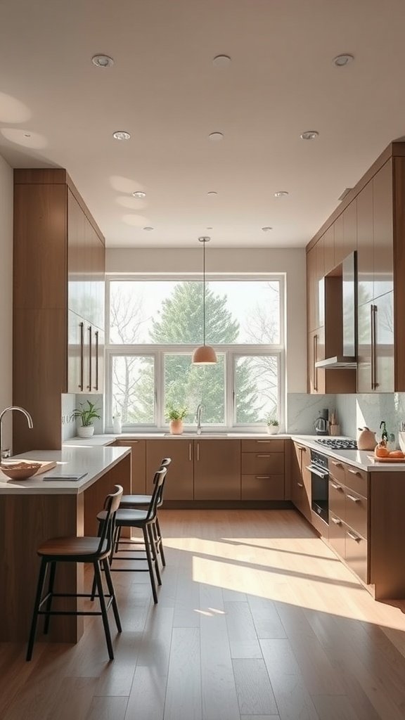 A modern U-shaped kitchen with wooden cabinets, a large window, and a cozy dining area.
