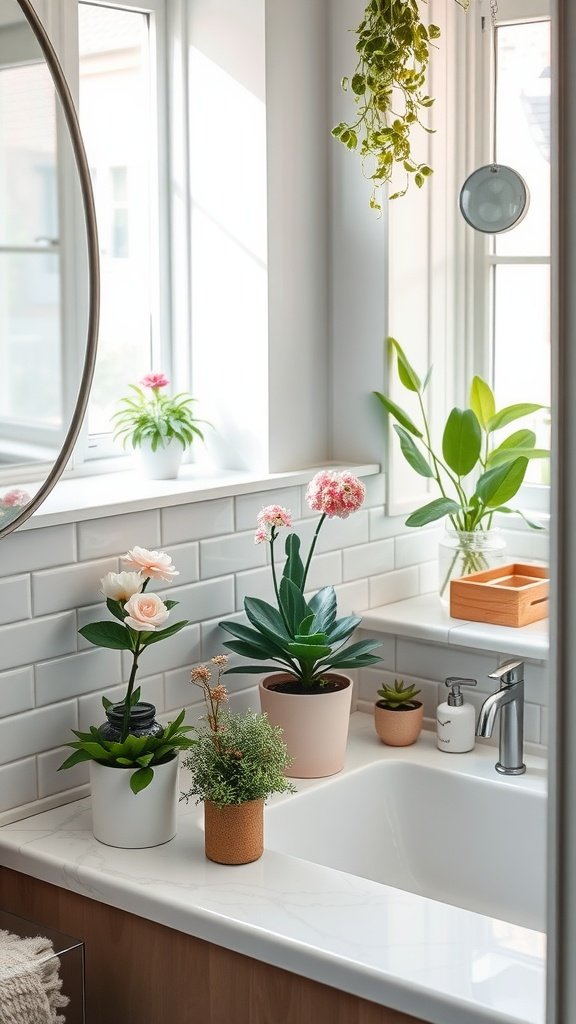 A bright bathroom counter decorated with various plants including a hanging plant, flowers in pots, and a succulent.