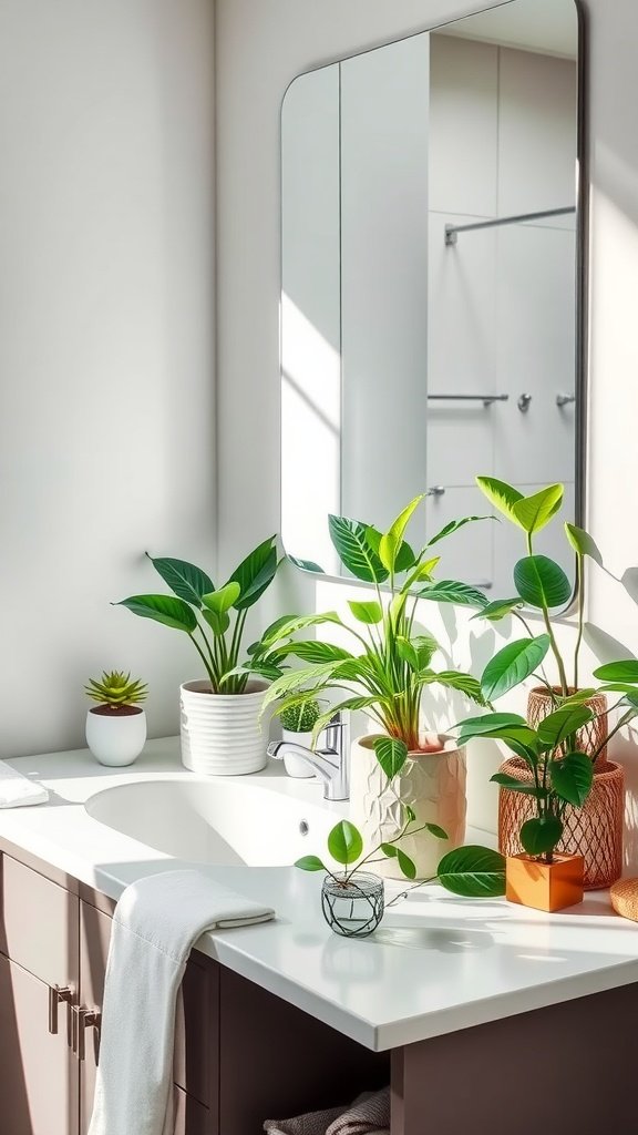 A modern bathroom counter adorned with various potted plants, including a succulent, pothos, and peace lilies, creating a fresh and lively atmosphere.