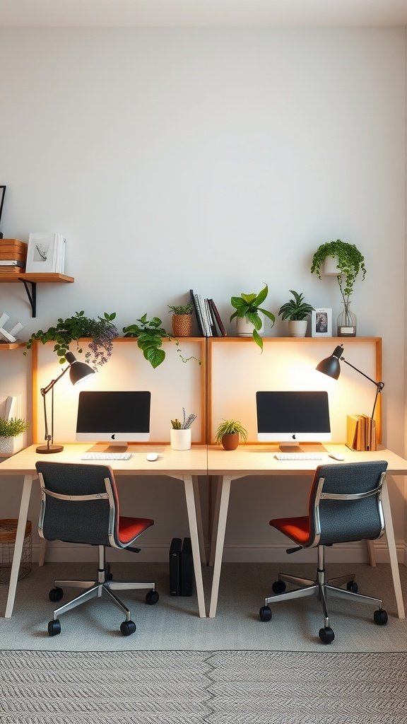 Two desks with a divider, showcasing a modern home office setup with plants and desk lamps.