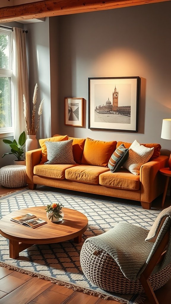 A cozy living room featuring a brown couch, wooden coffee table, and earthy decor.
