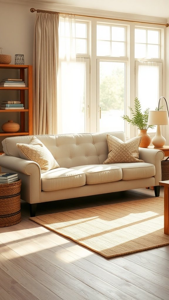A cozy farmhouse living room with a beige sofa, light curtains, and wooden furniture.