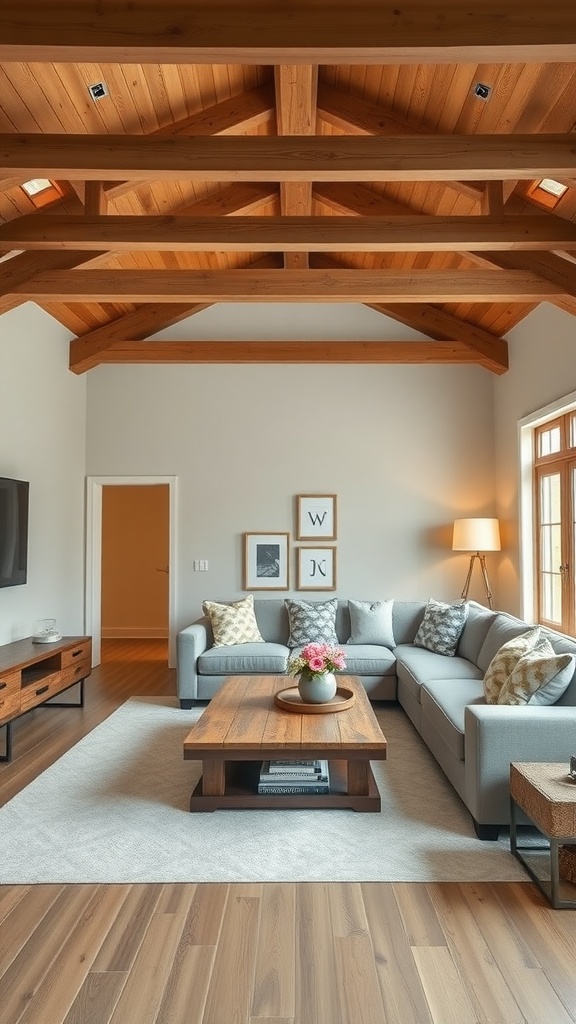 Living room with exposed wooden beams, cozy sofa, and wooden coffee table