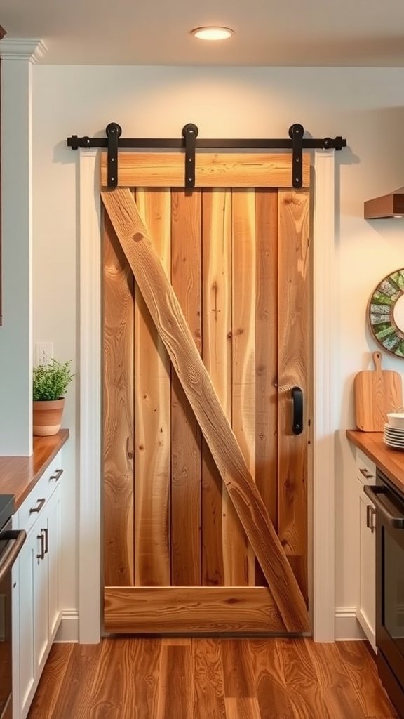 A wooden barn door with metal hardware, featuring a diagonal brace, leading to a pantry in a kitchen.