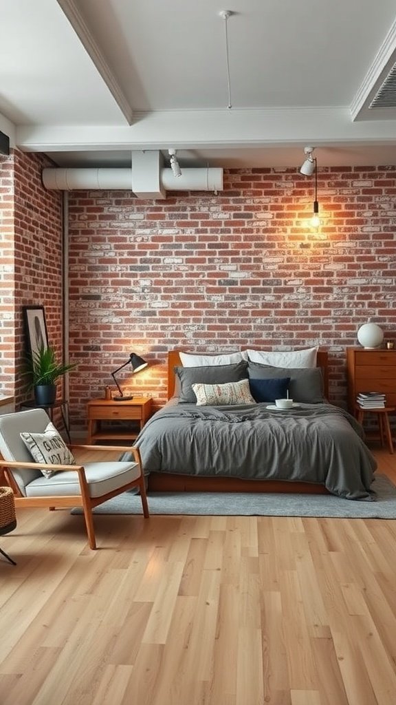 Modern industrial bedroom featuring an exposed brick wall, wooden furniture, and a cozy atmosphere.