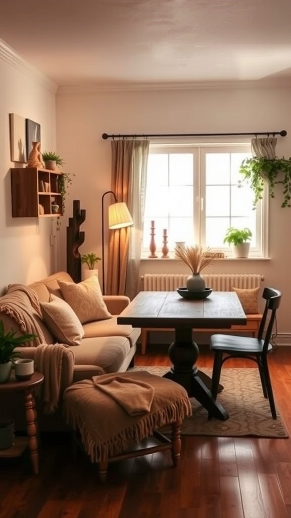 A cozy living dining room combo featuring a sofa, a wooden dining table, plants, and warm lighting.