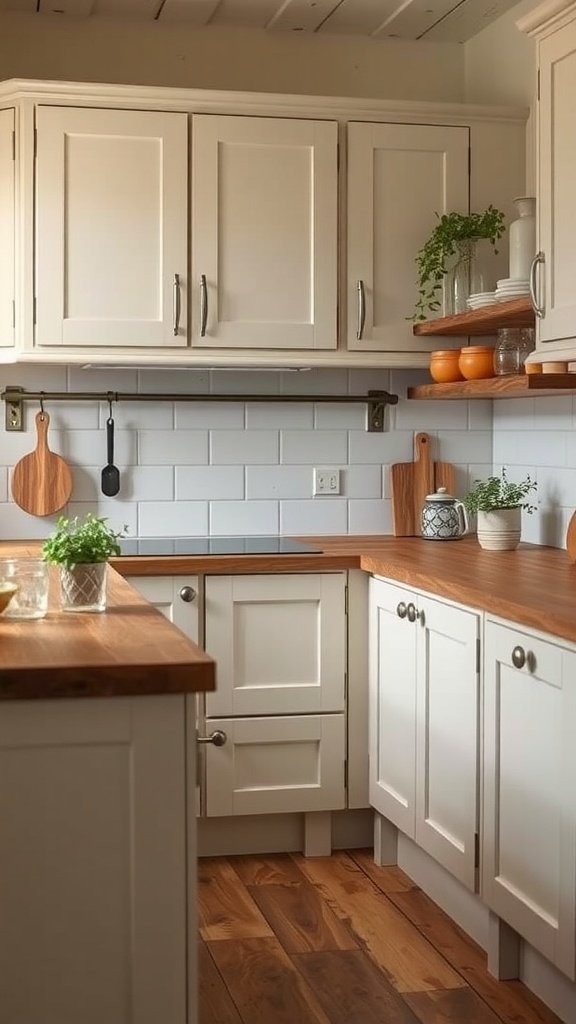 Lightly rustic off-white farmhouse kitchen cabinets with natural wood countertops and open shelving.