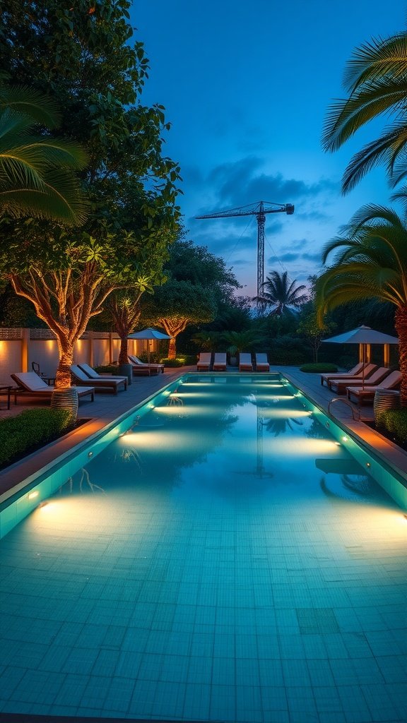 A luxurious swimming pool with glowing lights surrounded by greenery at dusk.