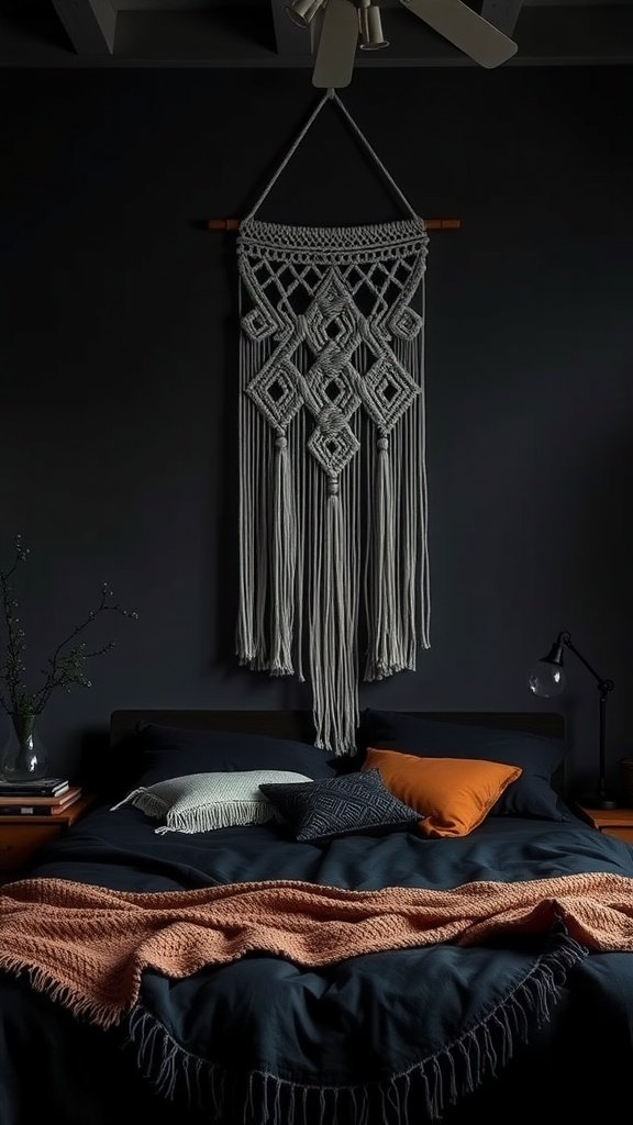 A macramé wall hanging above a dark bed with colorful throw pillows.