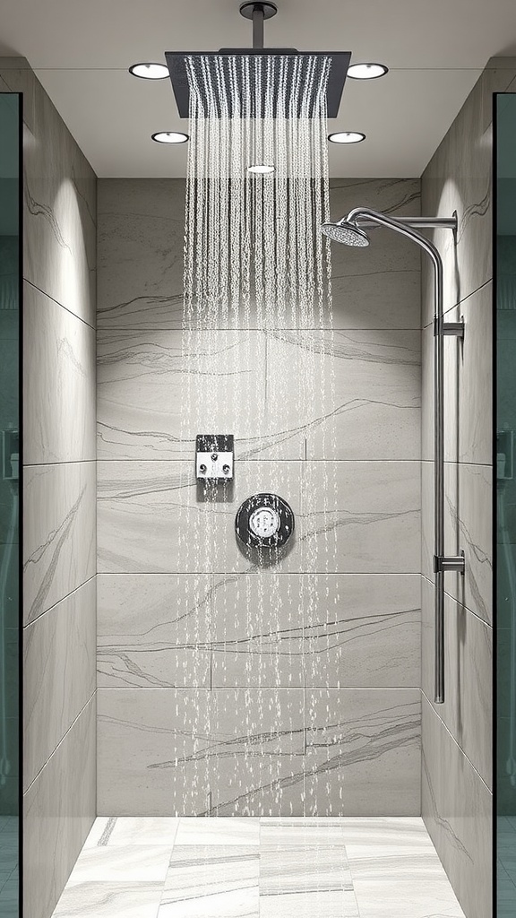 Modern walk-in shower with rain shower head and neutral tile design