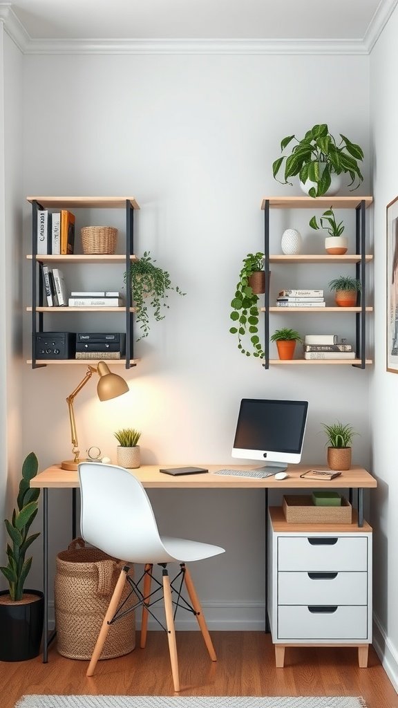 Small home office setup with a desk, shelving, and plants.