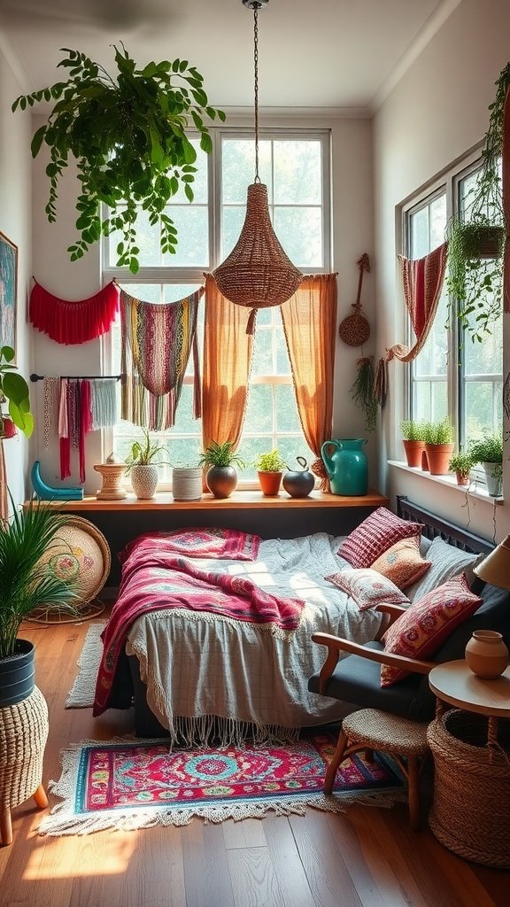 Cozy bohemian bedroom with large windows, plants, and colorful decor.
