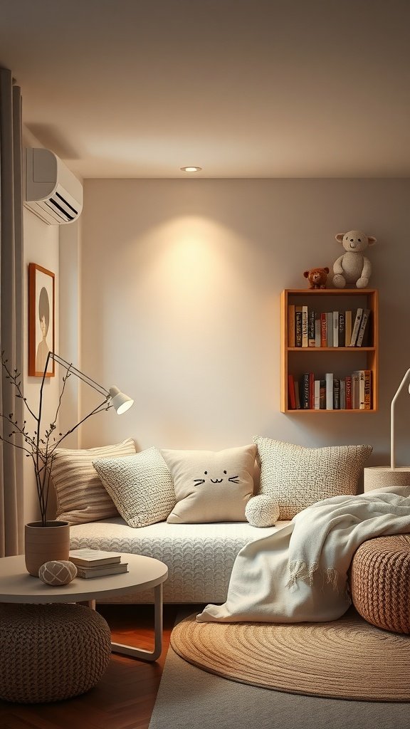 A cozy minimalist reading nook in a bedroom with soft lighting, cushions, and a small bookshelf.