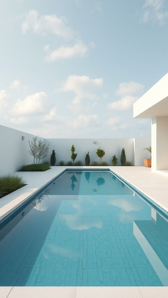 A modern minimalist swimming pool surrounded by greenery and a clear sky.