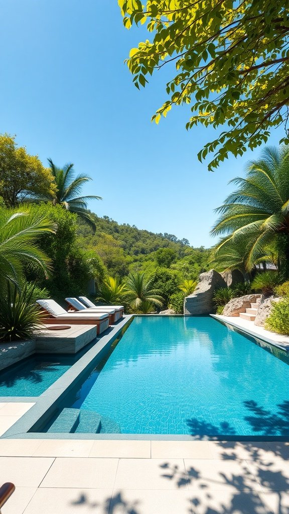 Modern swimming pool surrounded by lush greenery and palm trees