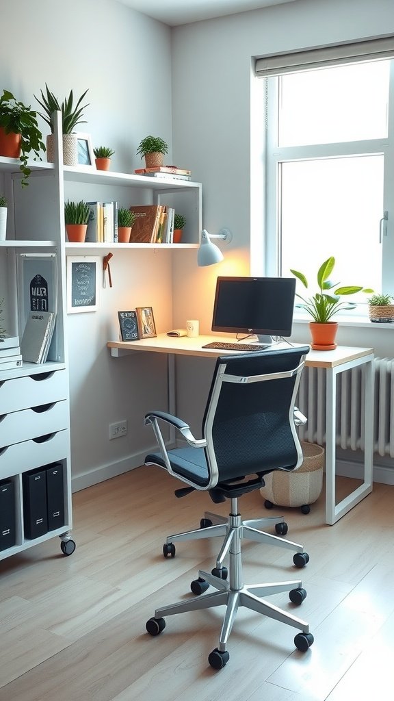 A cozy Ikea corner office with a desk, chair, and shelves filled with plants and books.