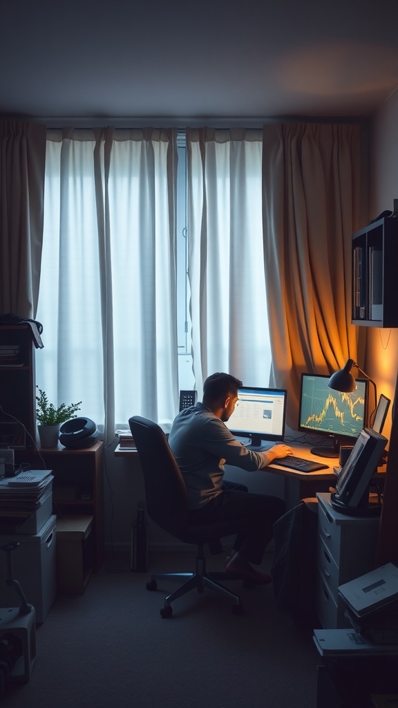 A dimly lit home office with a person working at a desk, curtains blocking natural light