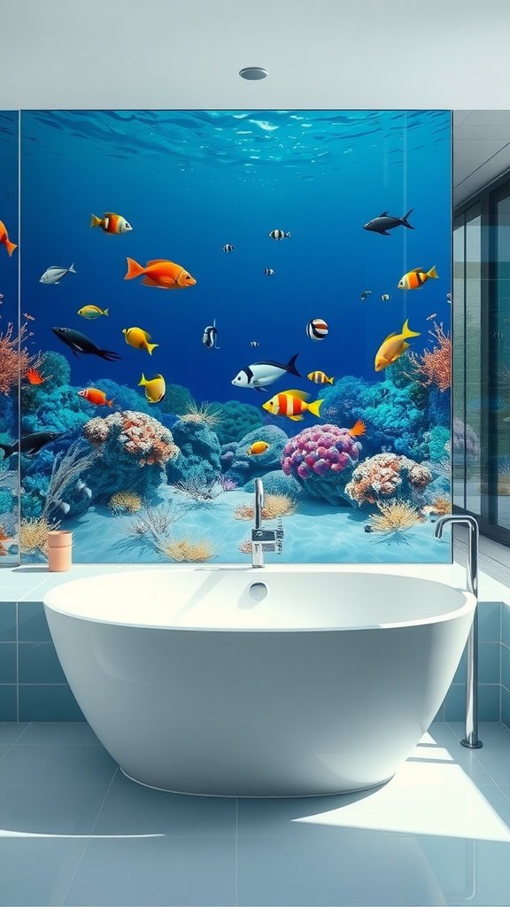 A modern bathroom featuring a 3D reef mural and a freestanding tub