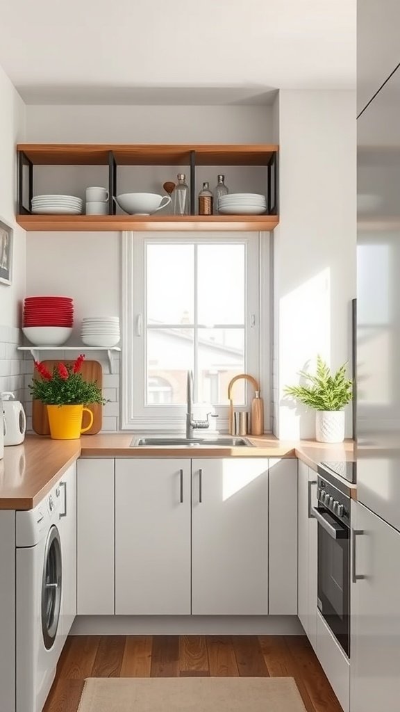 Small apartment kitchen with open shelving displaying dishes and a cozy feel