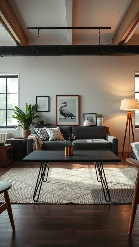 A stylish living room featuring a hairpin leg coffee table, cozy sofa, and decorative elements.