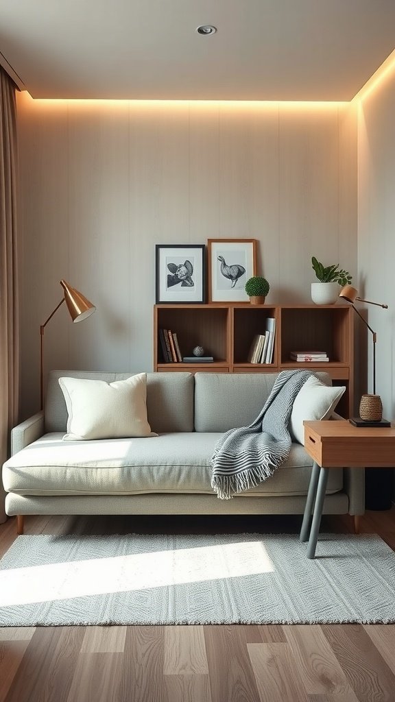 A cozy living space featuring a sofa, a desk, and a bookshelf, perfect for a guest bedroom and home office.
