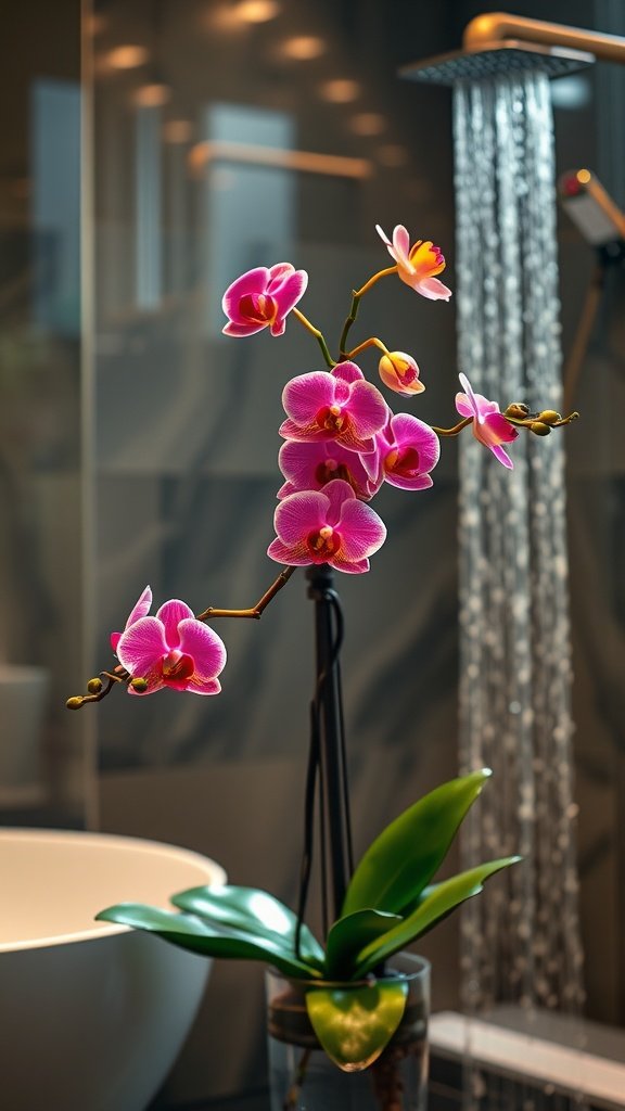 A pink orchid plant beside a modern bathtub in a bathroom setting.