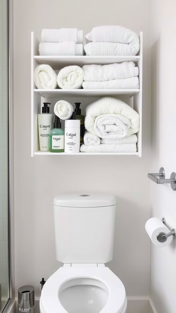 Over-the-toilet storage shelf with neatly stacked towels and toiletries.