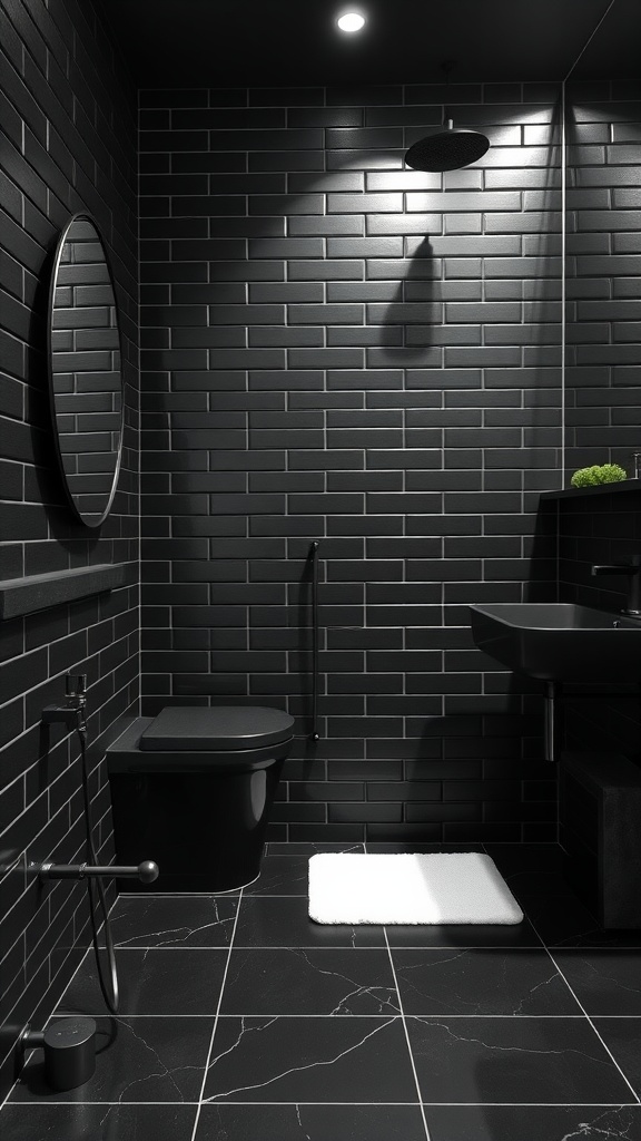 A modern bathroom featuring polished black tiles, a circular mirror, and sleek fixtures.