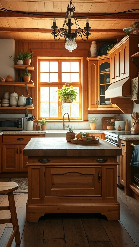 Rustic kitchen with a butcher block island, warm wood tones, potted plants, and elegant chandelier
